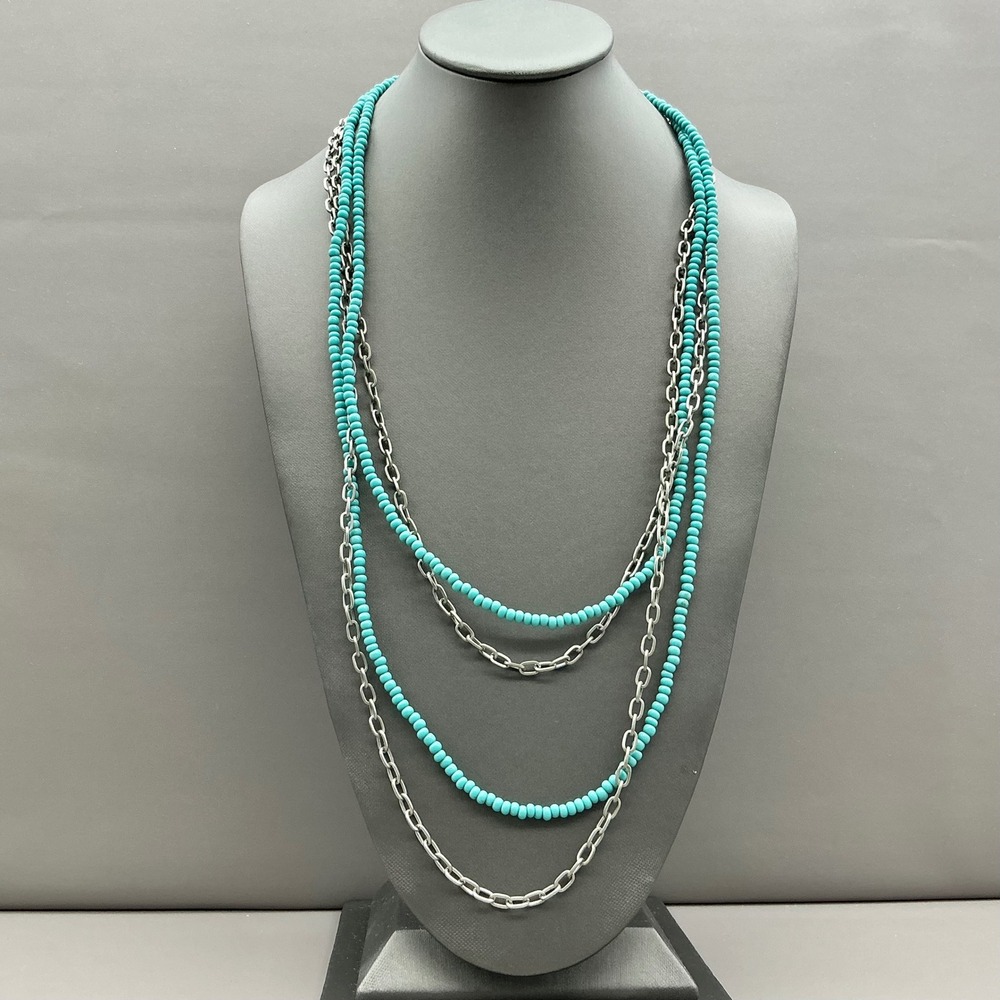 Cookie Lee Necklace Women Turquoise Blue Silver Tone Layered Beaded Chain 48"